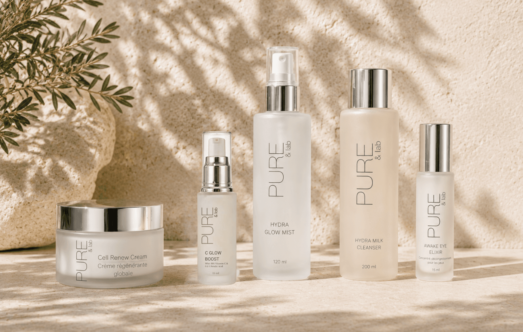 Het Pure & Lab-gamma: reiniger, mist, serums, regenererende crème en oogverzorging