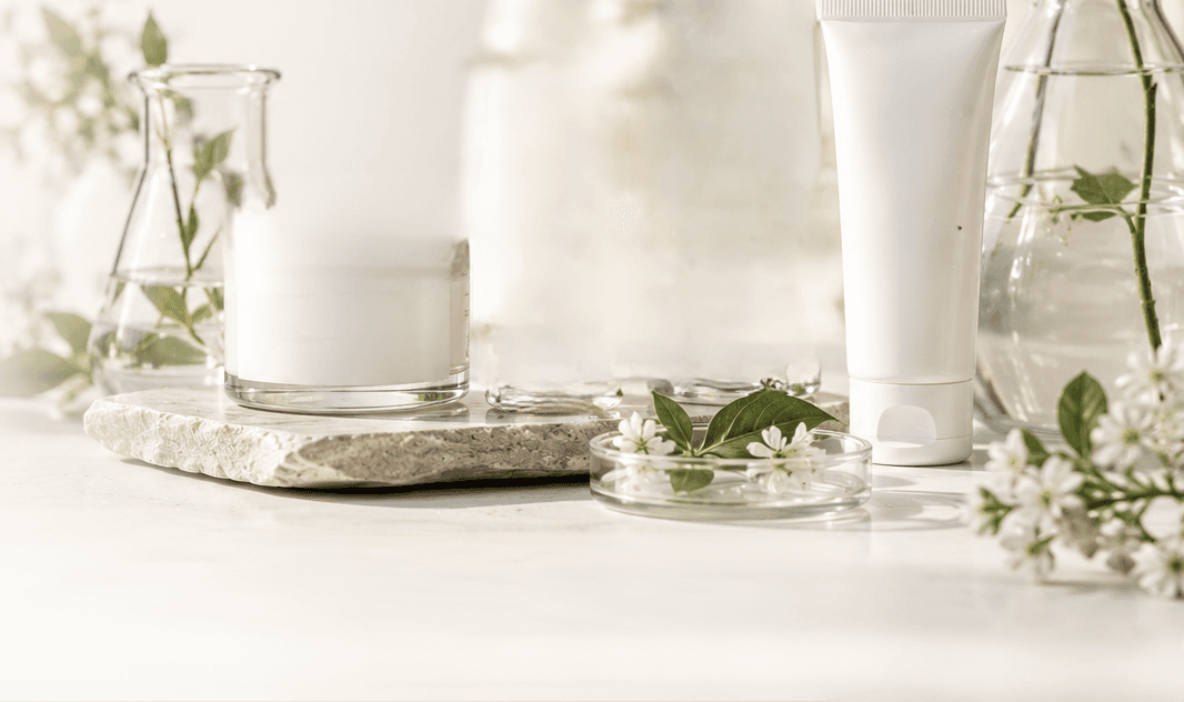 Pure & Lab-flacons omringd door fris groen