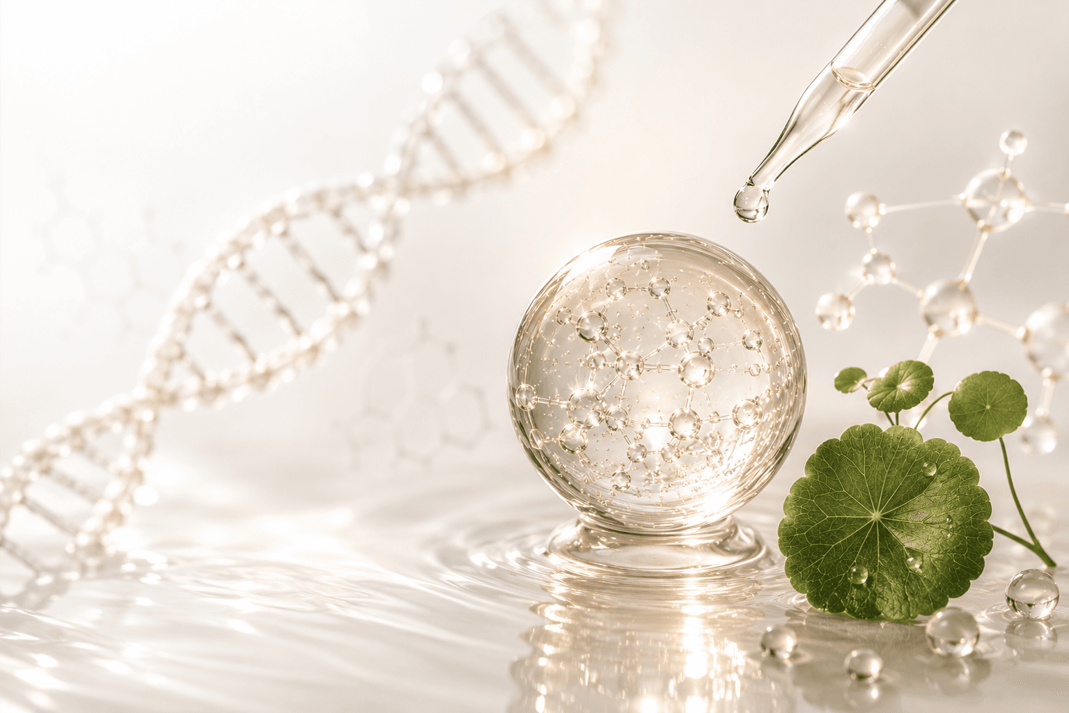 Druppel serum, DNA-helix en blad van Centella asiatica
